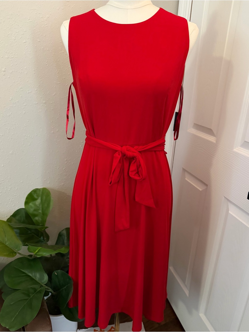 Charter Club Vibrant Red Sleeveless Midi Dress with Tie Waist